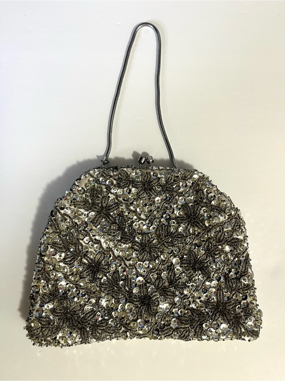 Vintage Silver Sequin Beaded Evening Clutch